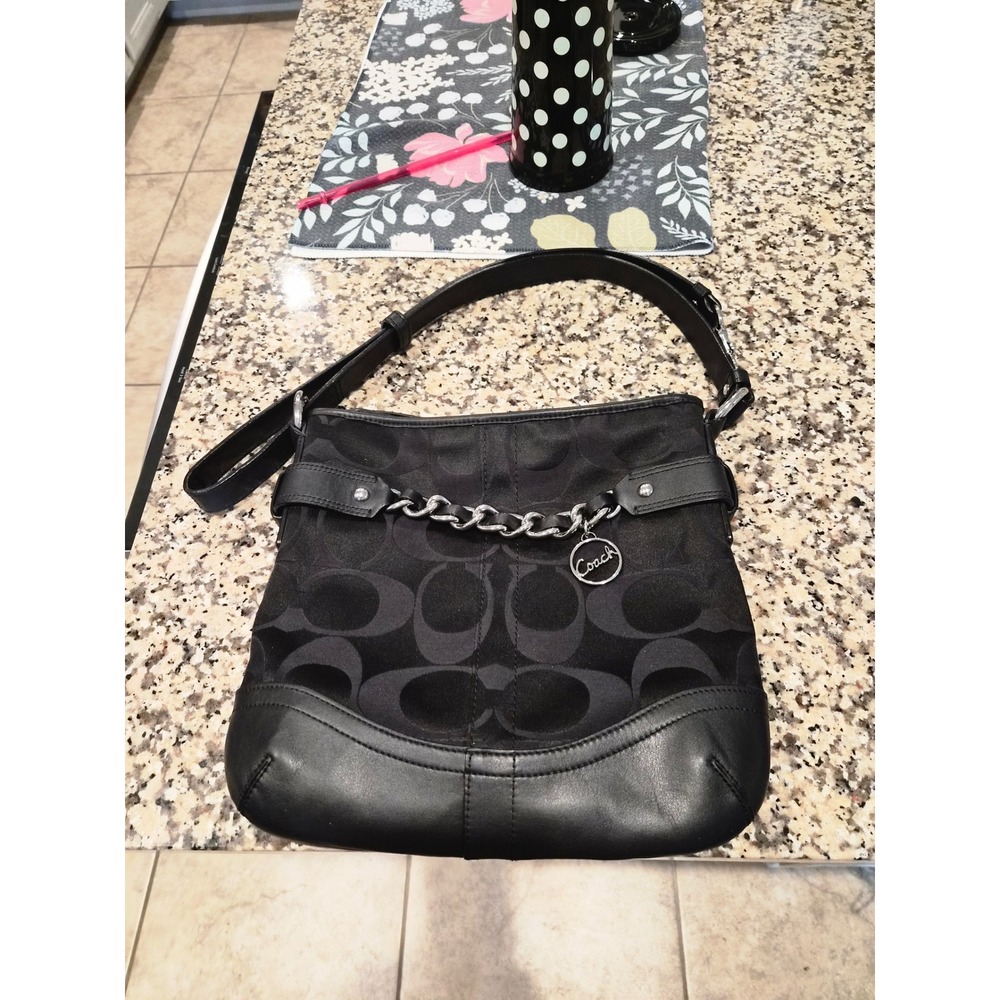 Coach Signature Jacquard Hobo Bag Black Leather Trim Silver Chain Charm Hobo